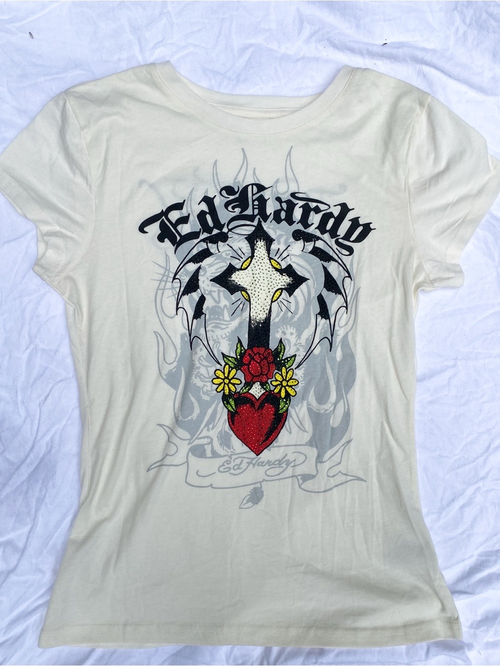 Y2K Ed Hardy Cream Bedazzled Tee